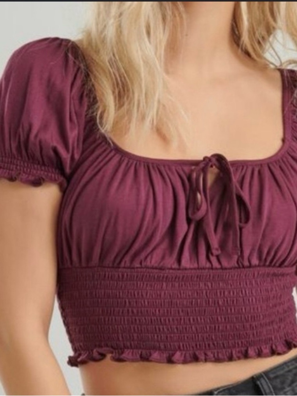 Garage Plum Puff-Sleeve Crop Top